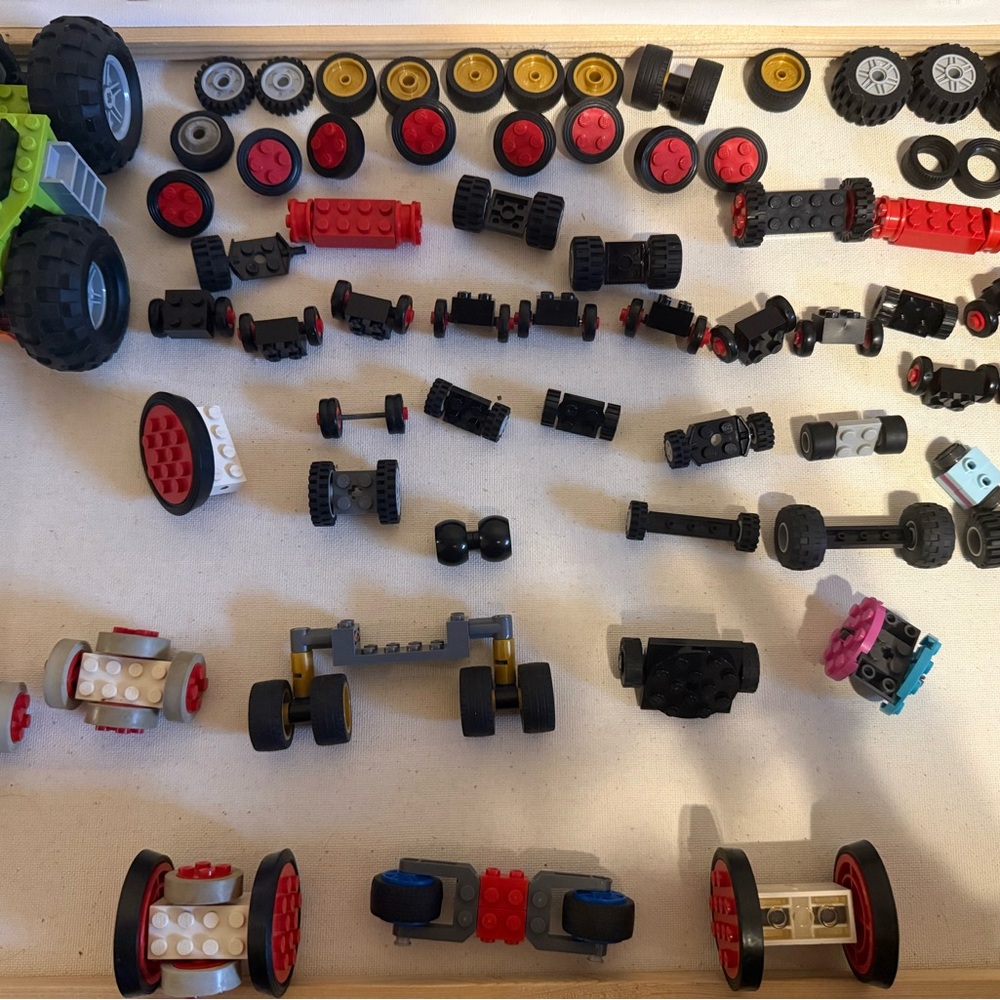 Vintage 70s, 80s, and 90s LEGO Wheels, Tires and Axles Lot And A Truck 66 Pieces